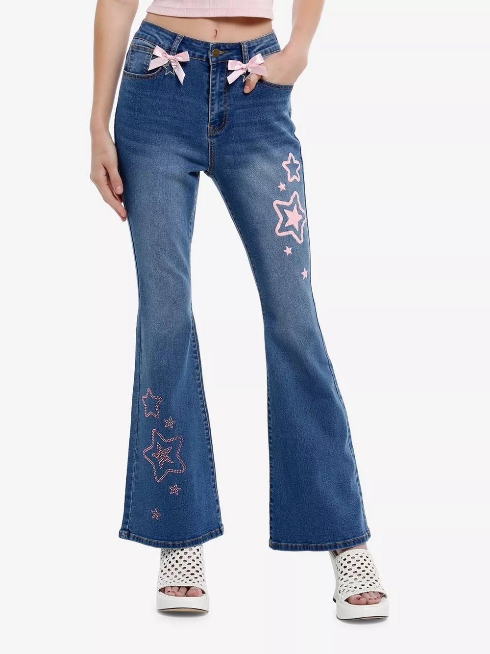 HOT TOPIC Indigo Pink Bows & Rhinestone Stars Flare Jeans Size 5 NEW